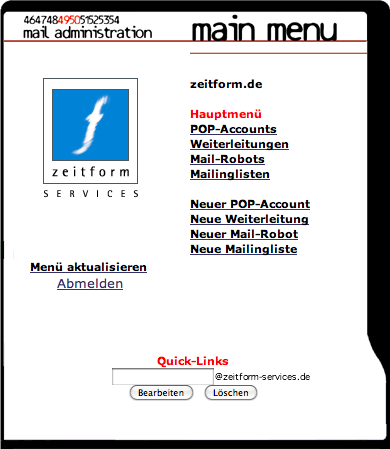 zeitform Admin-Webinterface - Hauptmenü