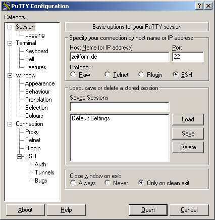 PuTTY Konfiguration: Session