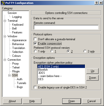 PuTTY Konfiguration: SSH